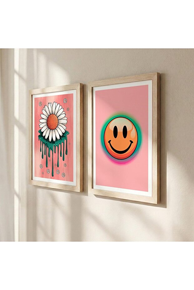 Signtouch Cute Daisy Smiley Kids Wall Art 2-Piece Natural Wood Frame 40x60 cm