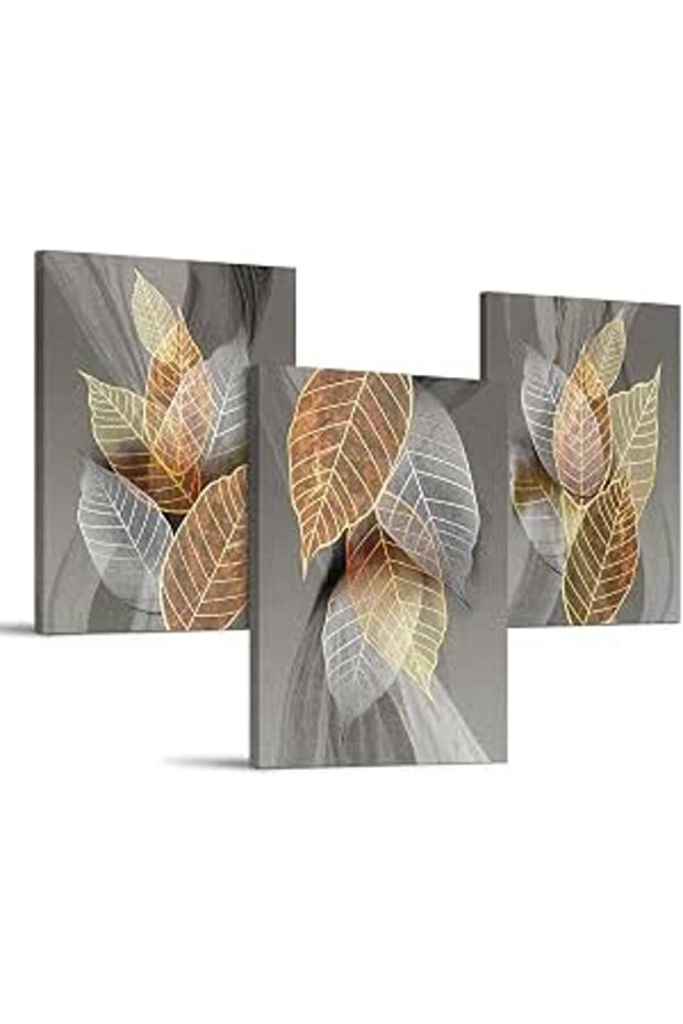 Signtouch Abstract Leaf Gold Silver Grey Canvas Wall Art Set of 3 30x40 cm