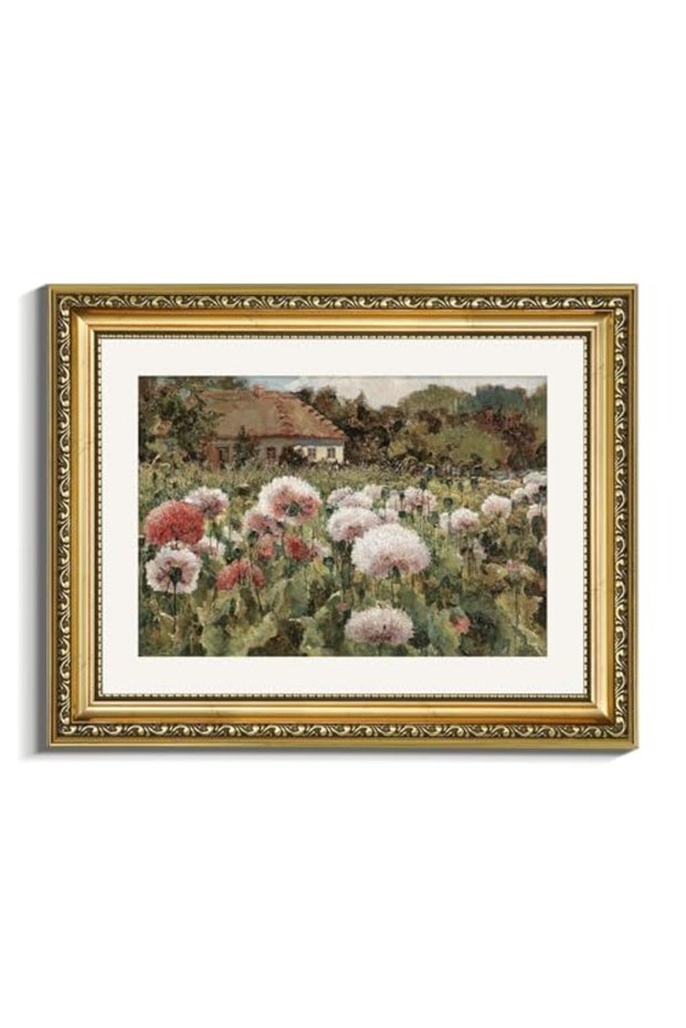 ALAYRA Vintage Poppy Floral Antique Farmhouse Wall Art Gold Frame 60x80 cm