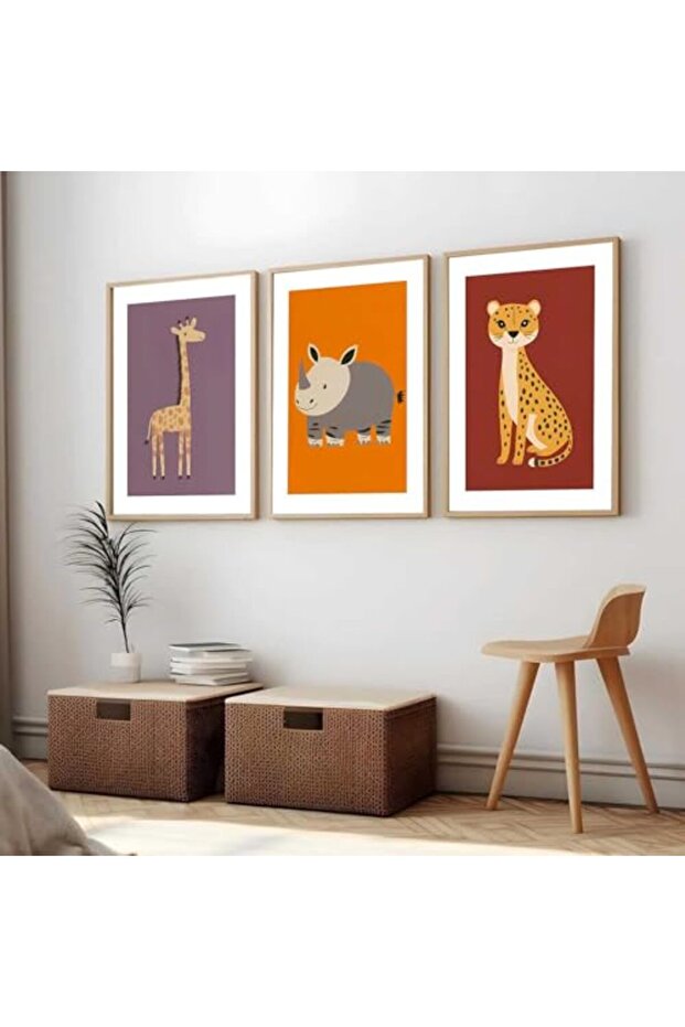 Signtouch Safari Animals Kids Nursery Wall Art 3-Piece Outer Frame 30x40 cm