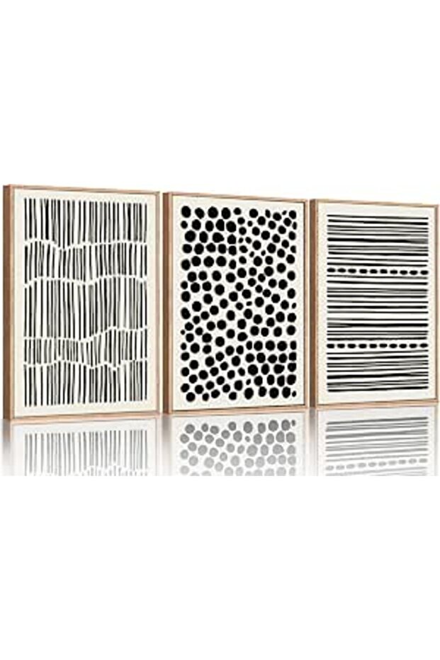 Signtouch Black White Geometric Line Wall Art 3-Piece Wooden Frame 40x60 cm