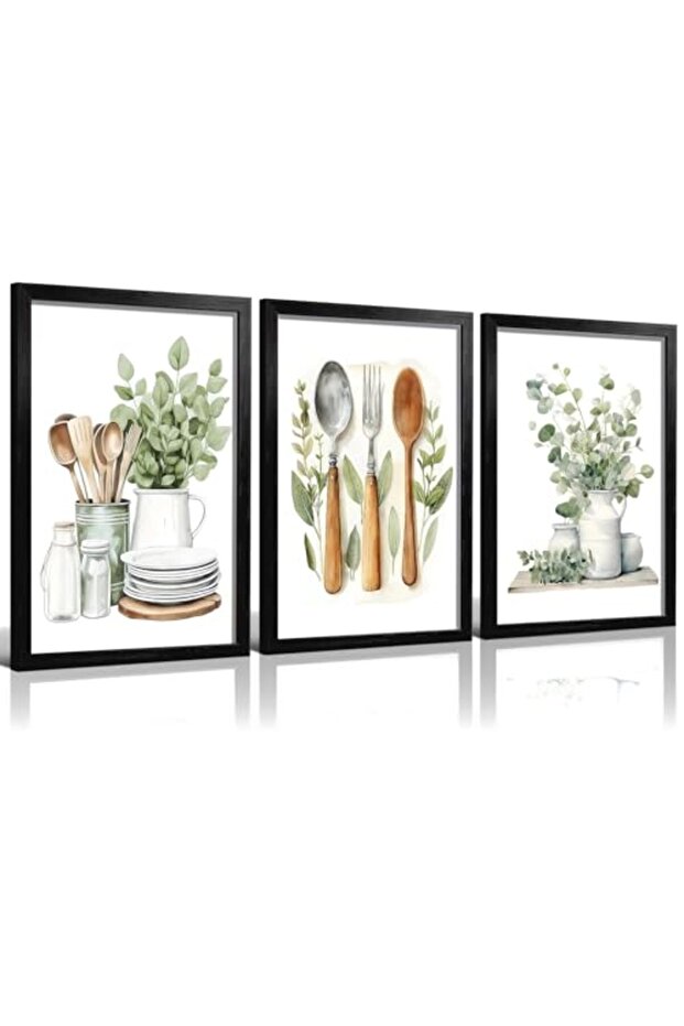 Signtouch Sage Green Tableware Canvas Wall Art Set of 3 Outer Frame 40x60 cm