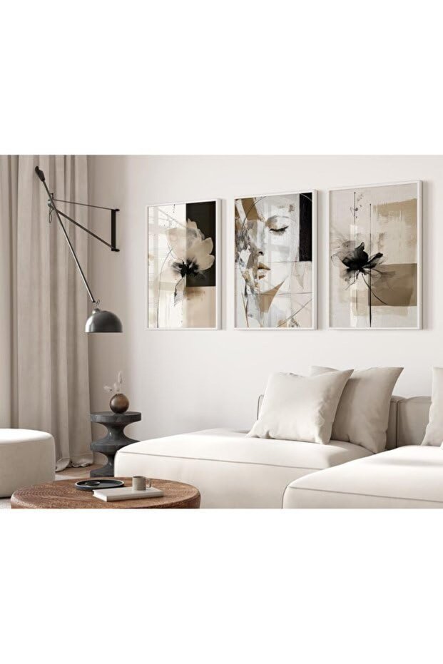Signtouch Abstract Woman Face Floral Beige Wall Art 3-Piece White Frame 50x70 cm