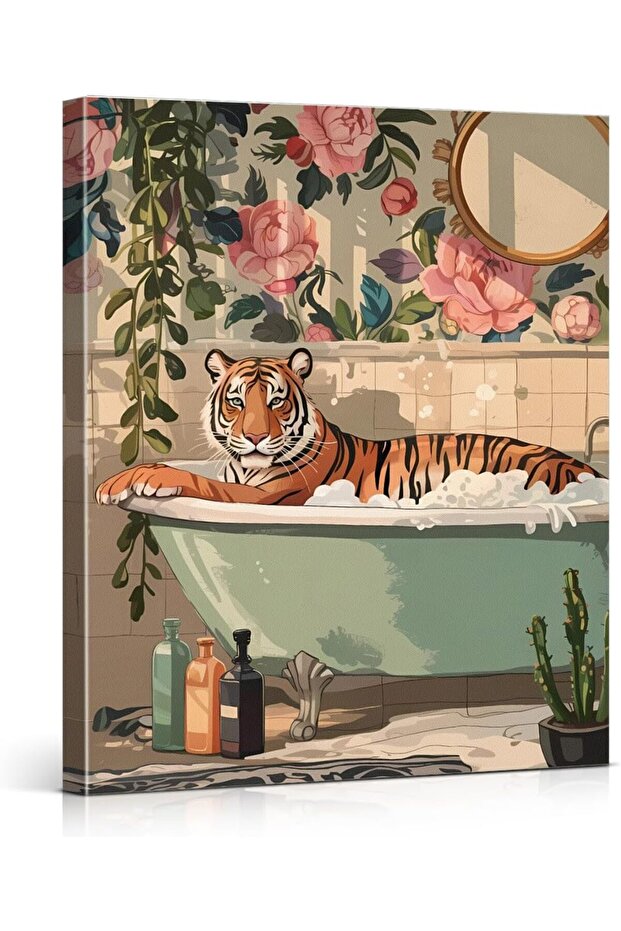 Signtouch Funny Tiger Botanical Cute Washroom Wrap Framed Wall Art 30x40 cm