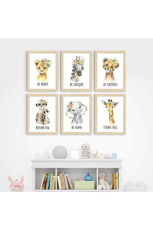 Signtouch Animals Kids Safari Jungle Wood Wall Art 6-Piece Outer Frame 30x40 cm