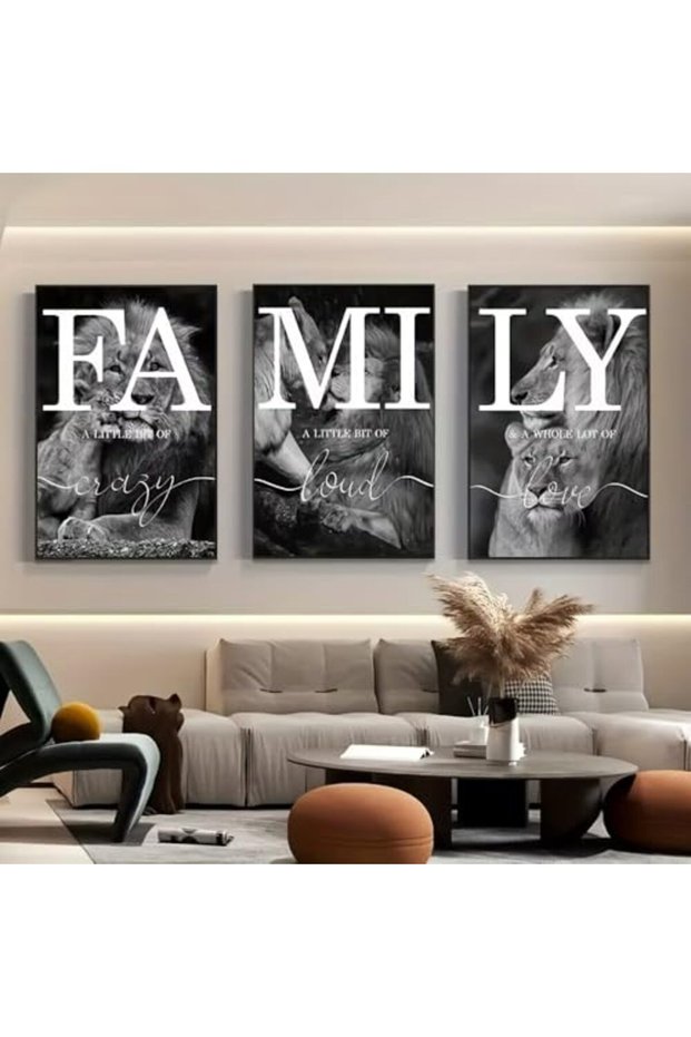 Signtouch Lion Family Quote Black Animal Wall Art 3-Piece Outer Frame 40x60 cm