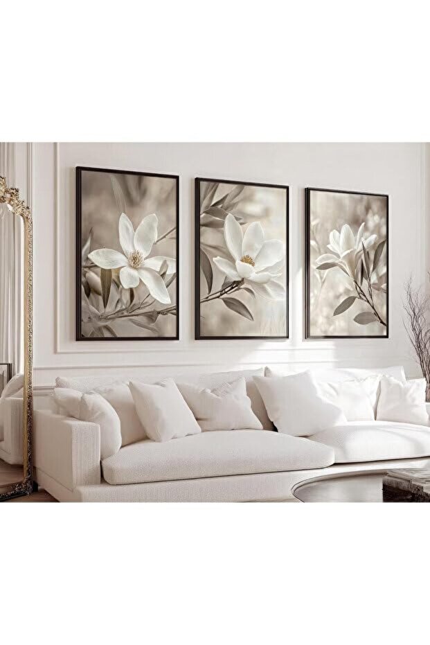 Signtouch White Floral Minimalist Wall Art Set of 3 Black Outer Frame 30x40 cm
