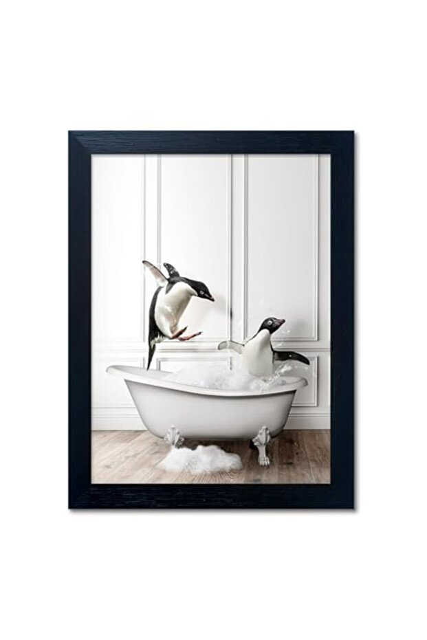 Signtouch Cute Penguins Bathtub Black White Kids Wall Art Outer Frame 40x60 cm