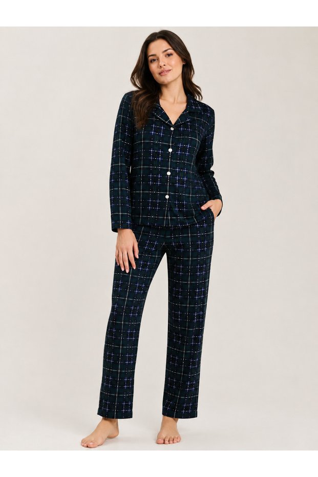 Women's Smiling Face Button Detailed Plaid Cotton Dark Green Pajama Set