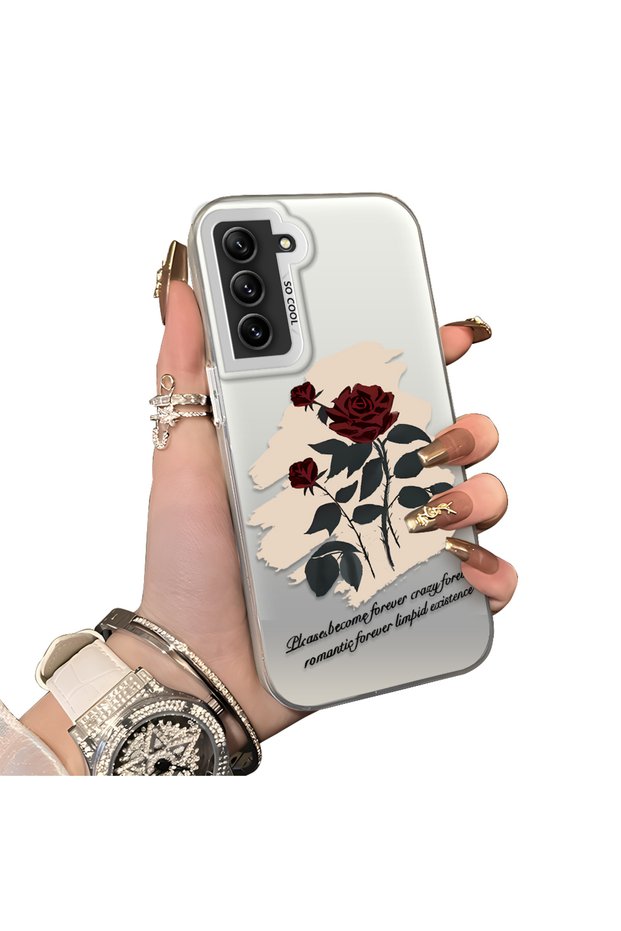 Samsung Galaxy S21 Fe Compatible Retro Red Rose Printed Impact-Resistant Hard Case