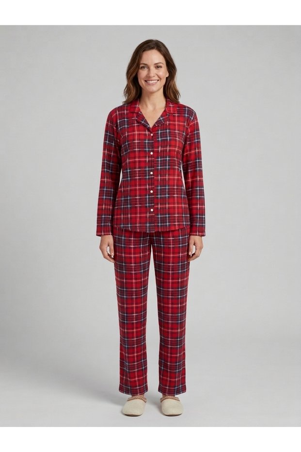 Women's Smiling Face Button Detailed Plaid Cotton Red Pajama Set