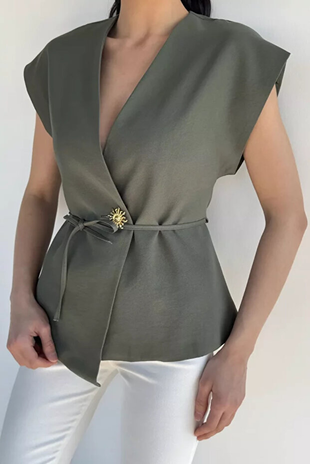 Women's Waist-Tied Gold Buttoned Vest