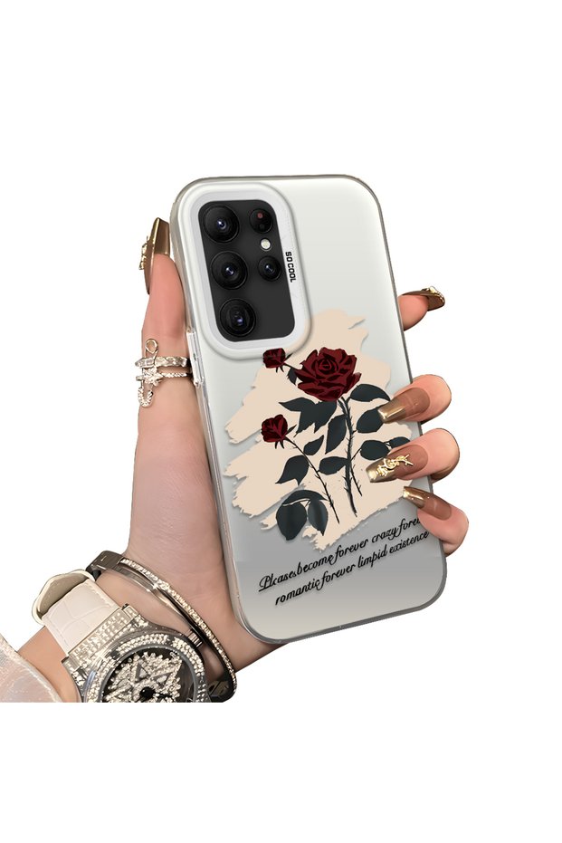 Samsung Galaxy S22 Ultra Compatible Retro Red Rose Printed Impact Protective Rigid Case