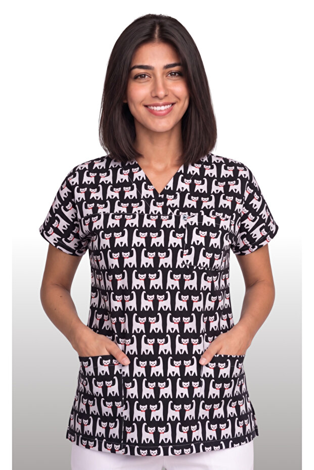 Women's V-Neck Bat Sleeve Cat Patterned Black Terycotton Fabric Doctor Nurse Scrubs Uniform Single Top