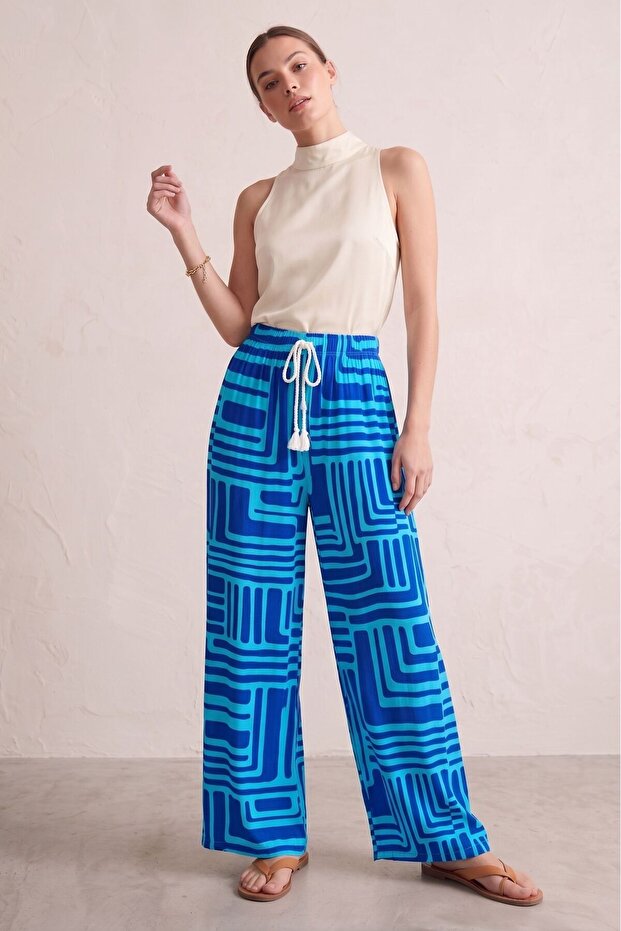 Woven Viscose Breeze Lace Detailed Patterned Wide Leg Skirt Trousers