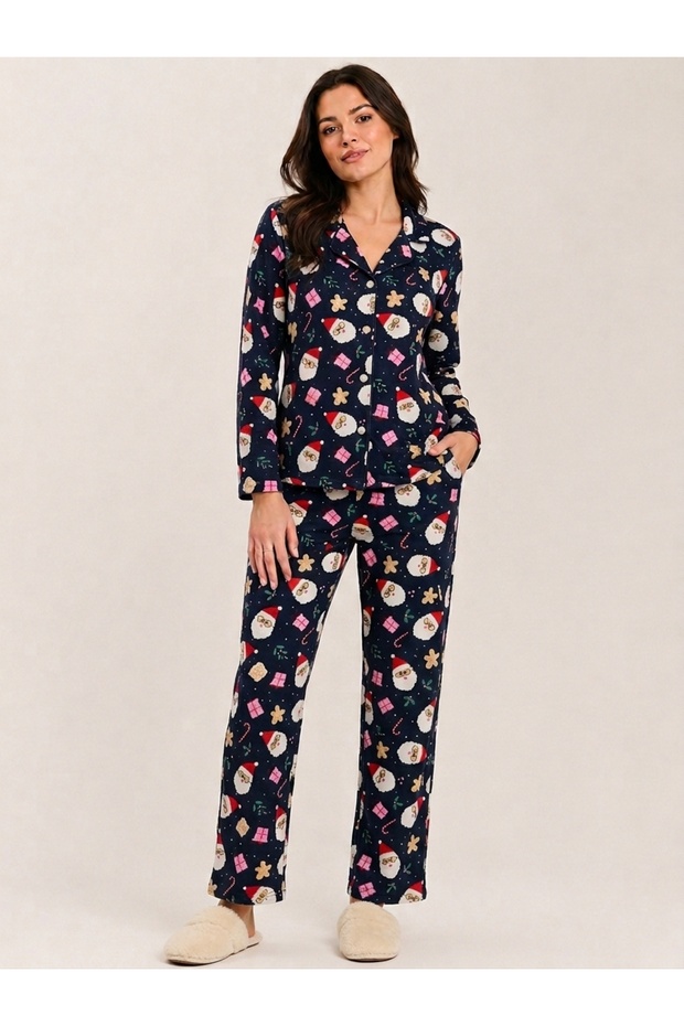 Women's Cotton Santa Claus Detailed Front Buttoned Navy Blue Pajama Set