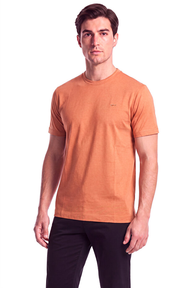 Men's Regular Fit Metallic Logo Detailed Round Neck Short Sleeve Orange T-Shirt
