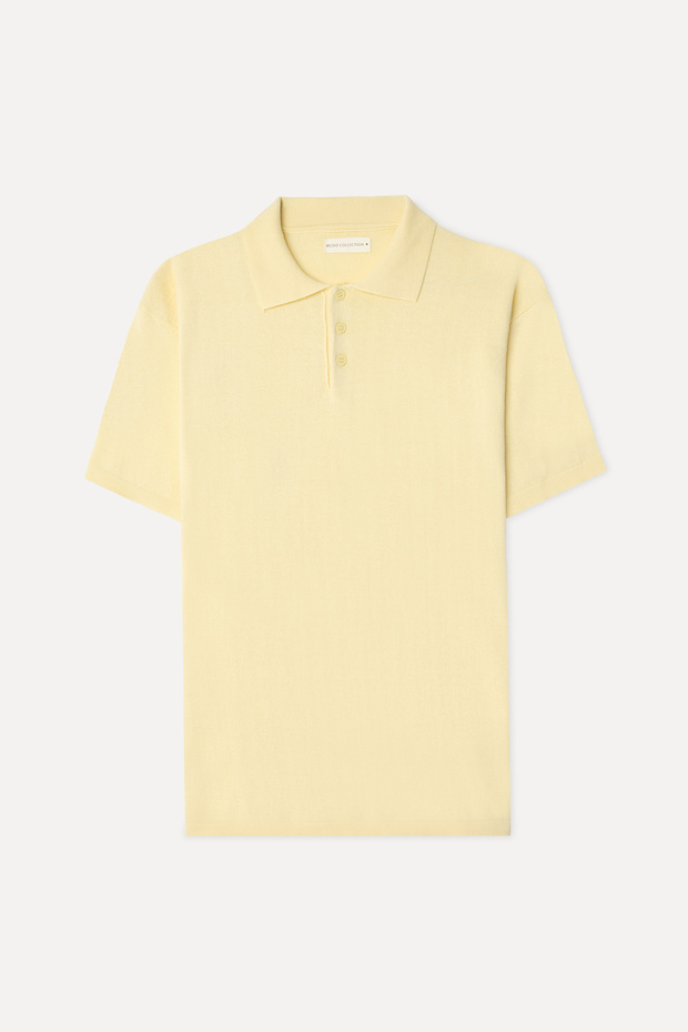 Men's Yellow Comfort Fit Polo Collar Short Sleeve Knit Sweater