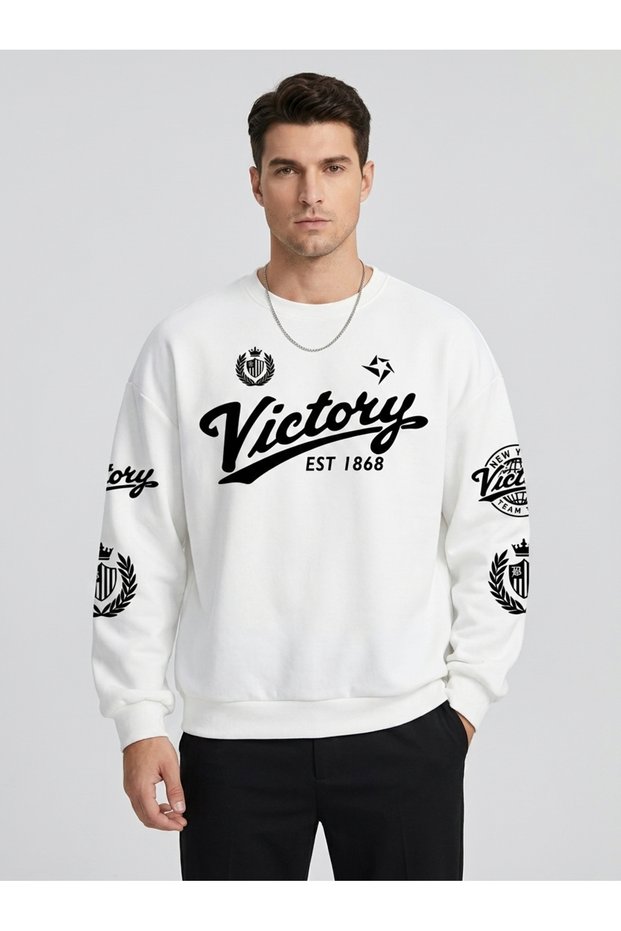 Oversize Sweatshirt Victory Lettering and Emblem Printed Sleeve Detail Crew Neck Streetwear Sweatshirt