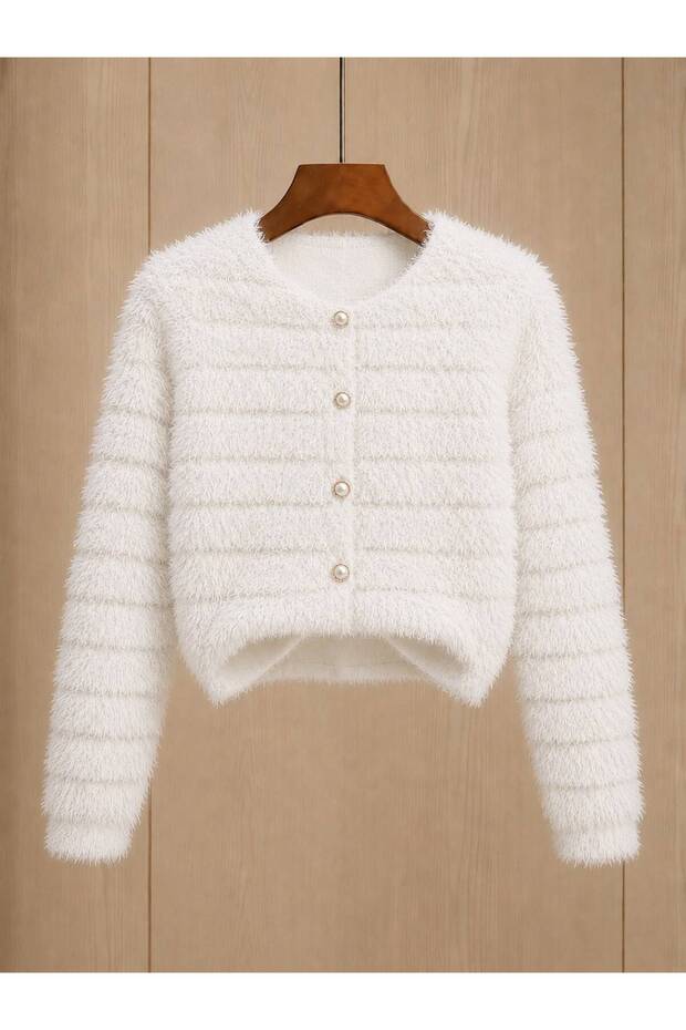 Shadowy Gold Buttoned Soft Textured Women's Beard Knitwear Cardigan