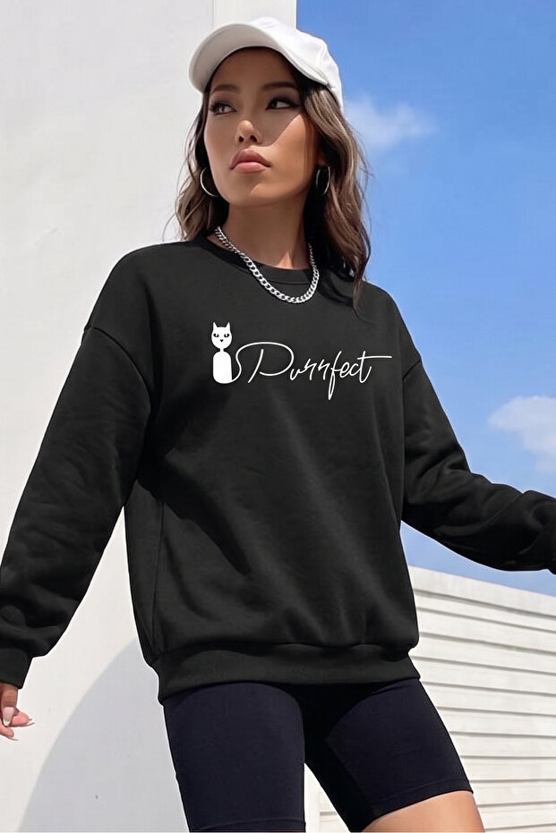 Unisex Cat Purrfect Printed Crew Neck Sweatshirt