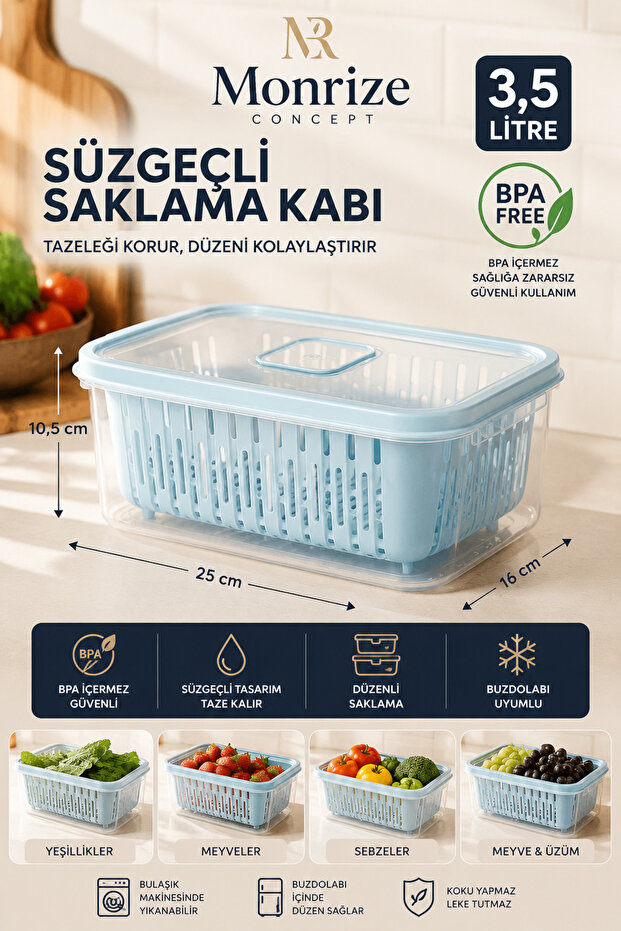 3.5 Liter Storage Container with Strainer Vegetable Fruit Greenery Storage Container Refrigerator Organizer 25X16 cm Bpa Free