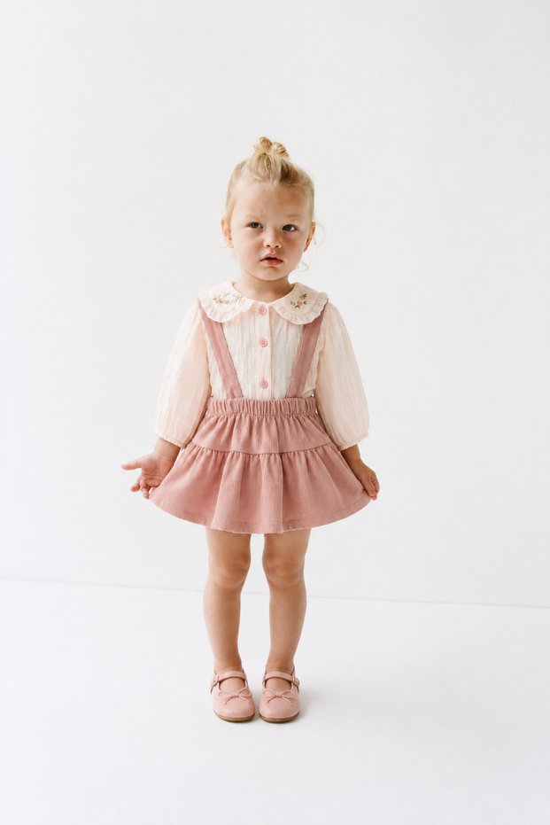 Baby Girl 2-Piece Salopet Set, Collar Embroidered Muslin Shirt, Skirt, Daily Special Occasions, Holiday Wear