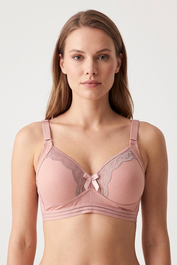 Women's Powder Lace Detailed Gathering Unpadded Wide Strap Non-Support Bra