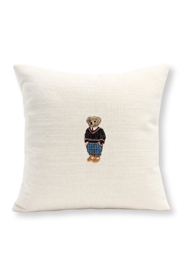 Teddy Bear Embroidered Decorative Throw Pillow Cover | Linen Textured Off-White Pillow | Living Room, Bedroom, Children's Room and Gift