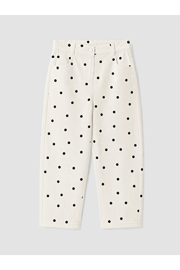 Ecru Elastic Waist Polka Dot Girls' Trousers
