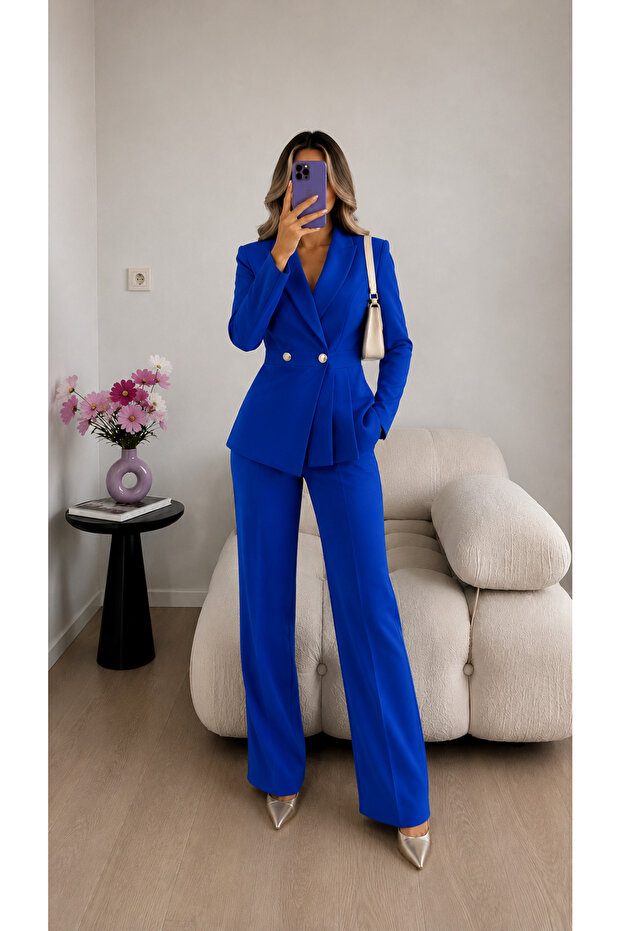 Front Pleated Jacket and Trousers Double Blazer Set