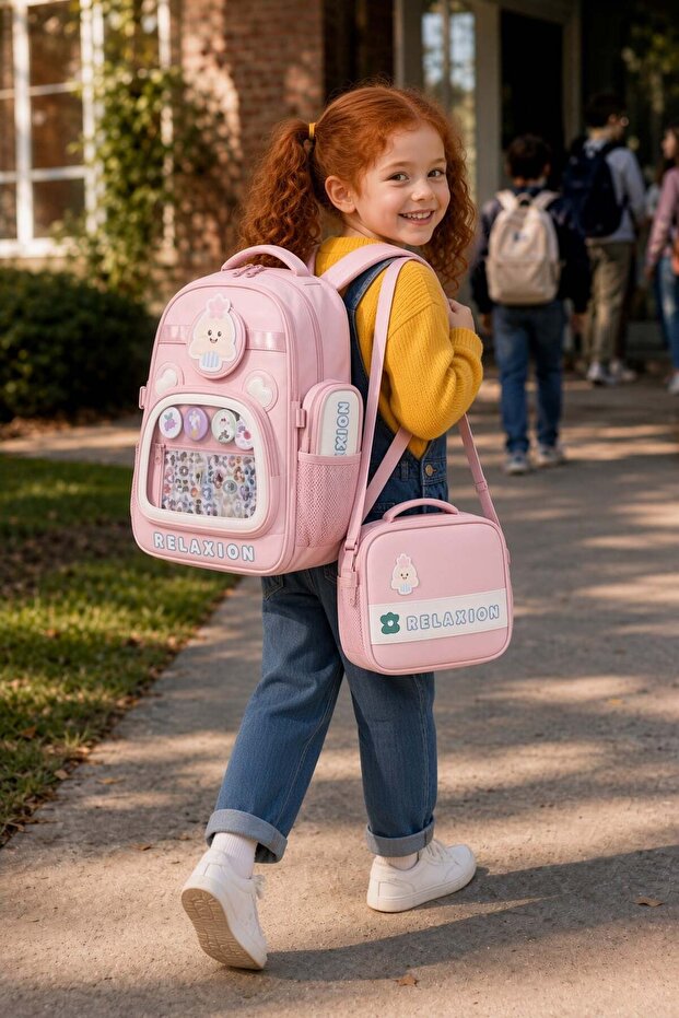 School Bag Set of 3 Pink Backpack Lunch Bag Pen Holder Orthopedic Water Repellent Student Set