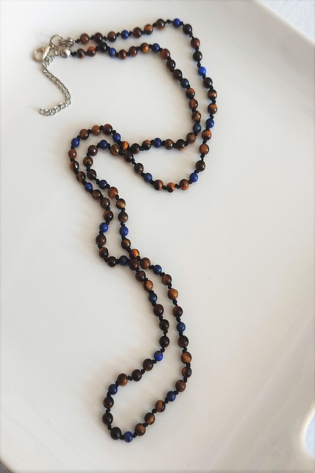 4 mm Tiger's Eye 3 mm Lapis Lazuli Natural Stone Men's Necklace