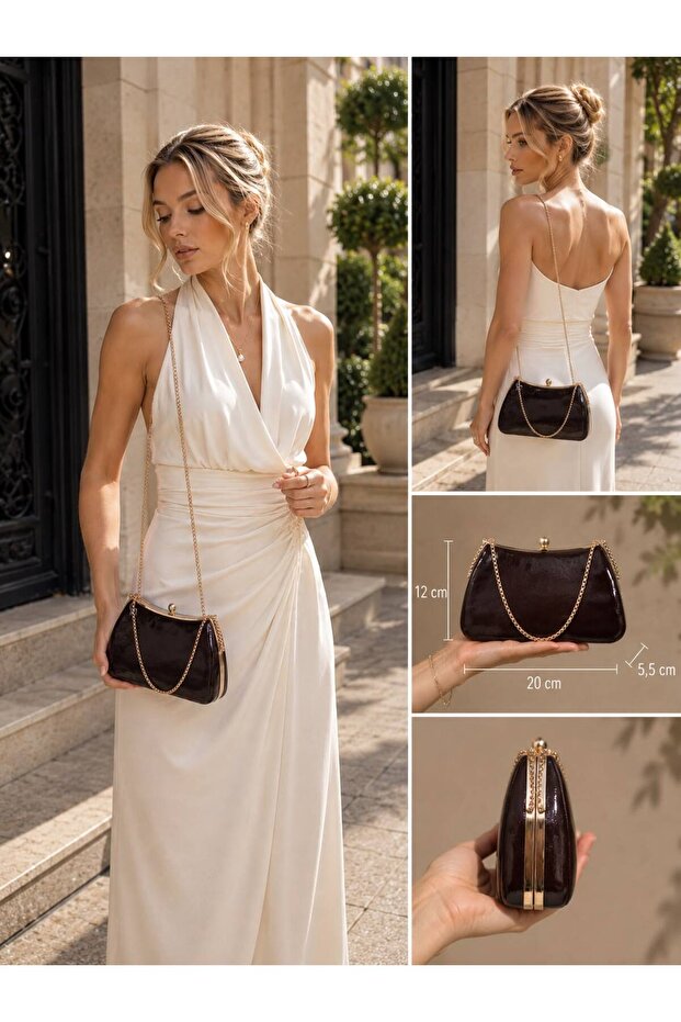Brown Color Rustic Material Design Evening Dress Clutch with Chain Strap Hand-Held Wedding Engagement Evening Bag