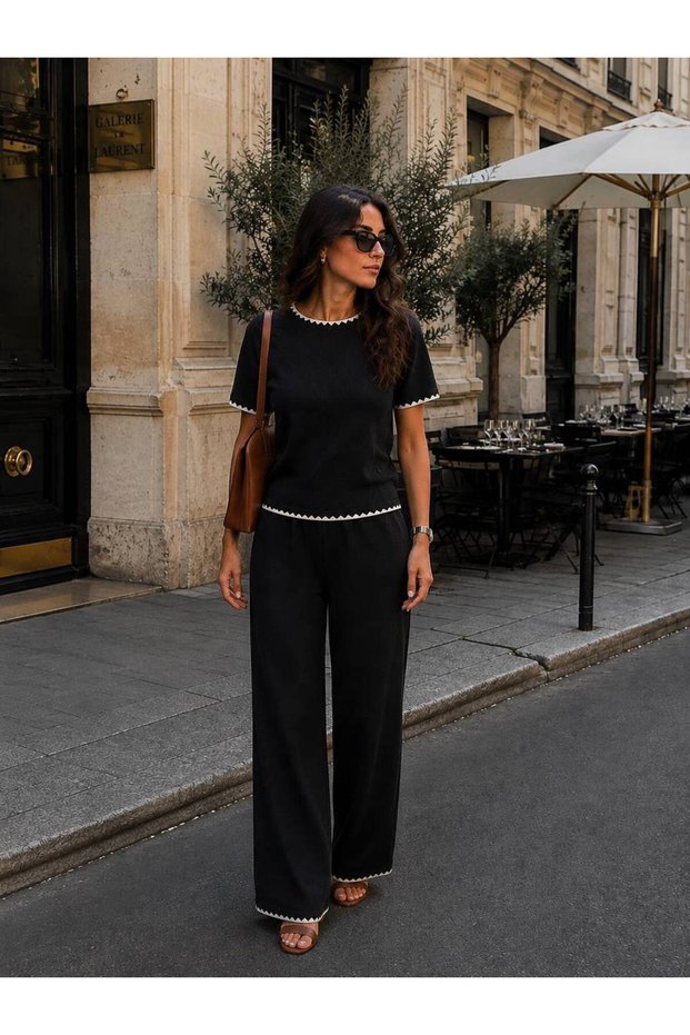 Women's Knitwear Trouser Set with Embroidery Detail on the Front