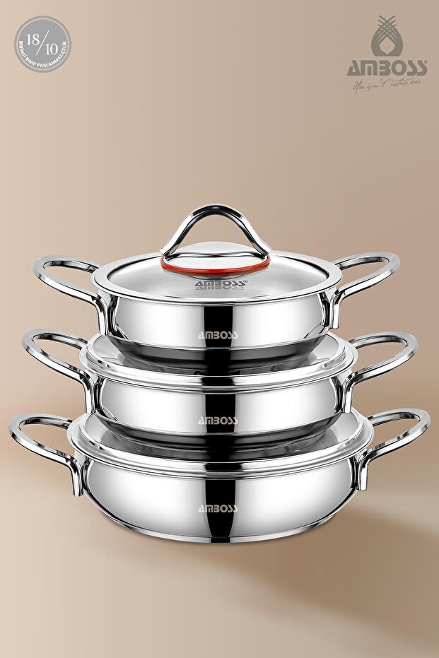 Big Steel 6 Piece Stainless Steel Flat Pot Set with Glass Lid