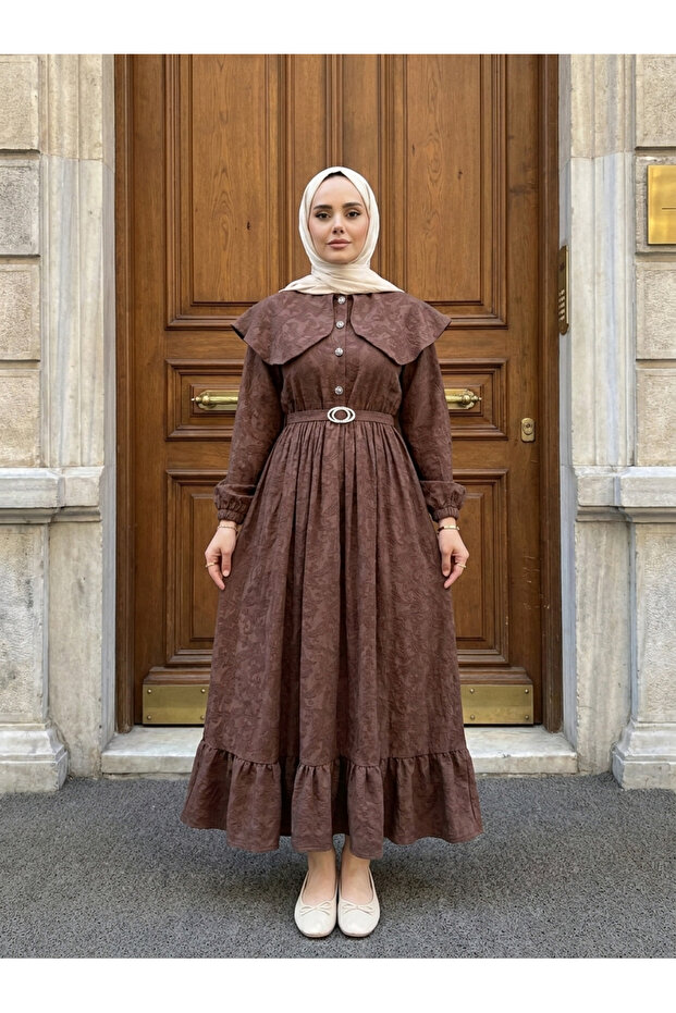 Women's Self-Wrapped Shawl Patterned Belted Cape Collar Hijab Dress