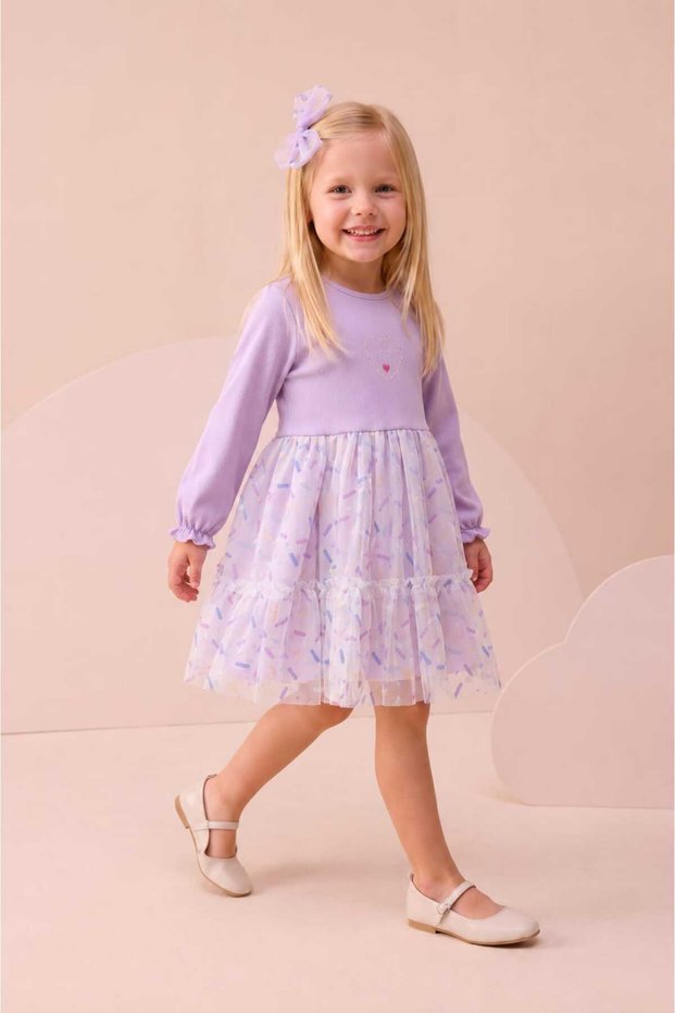 Girl's Corduroy Embroidery and Bow Detail Patterned Tulle Skirt Dress (with Bow as a Gift)
