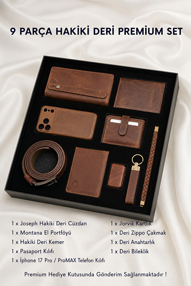 9 Piece Genuine Leather Men's Gift Set Compatible with iPhone 17 Pro Max Wallet Case Antique Tan