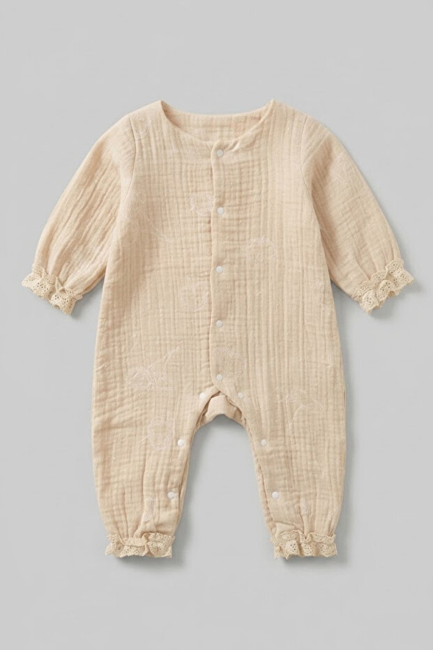 100% Cotton Muslin Lace Detailed Baby Girl Jumpsuit