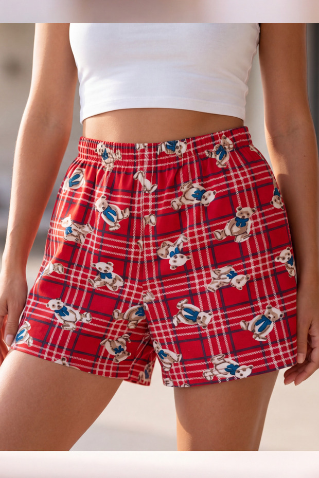 Women's Teddy Bear Plaid Pajama Shorts Comfortable Stretchy Summer Home Wear Shorts