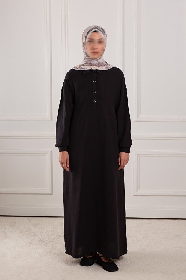 Shirt Collar Muslin Dress Black