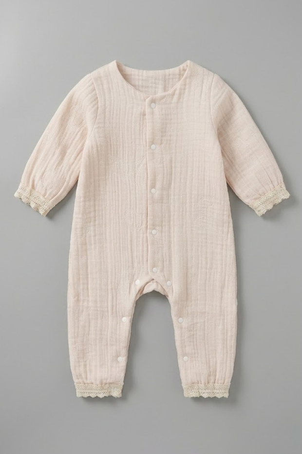 100% Cotton Muslin Lace Detailed Baby Girl Jumpsuit