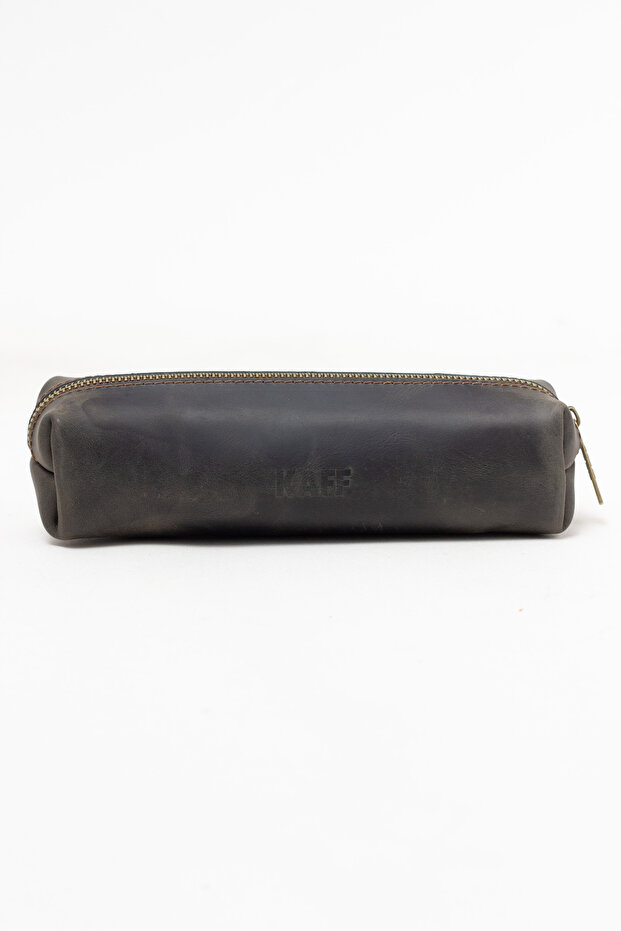 Genuine Calfskin Leather Medium Size Single Compartment Premium Zippered Functional Pen Holder Gray