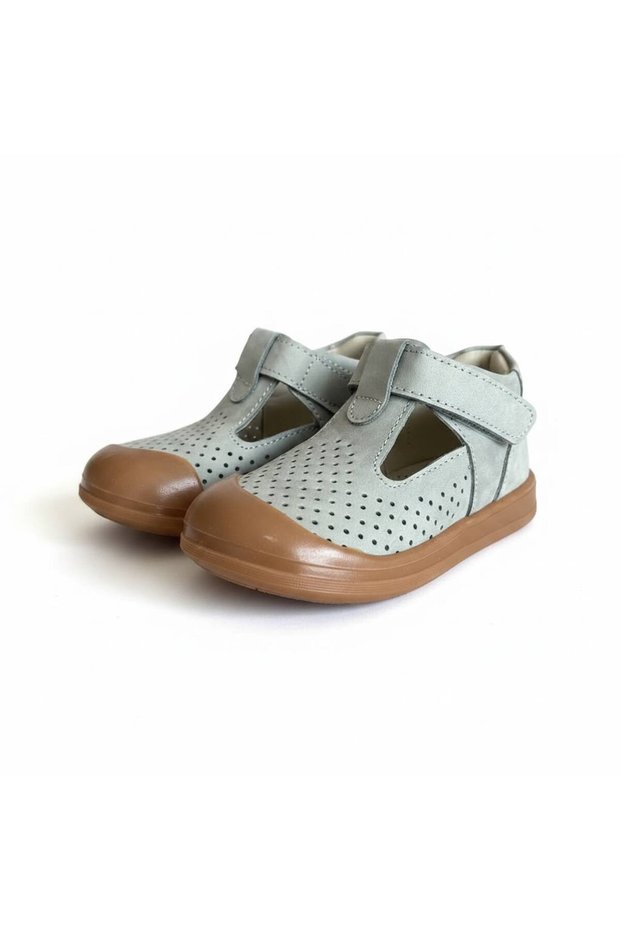 Baby Boy Laser Perforated Genuine Leather Shoes - Summer Booties with Velcro Fastening and Tan Soles