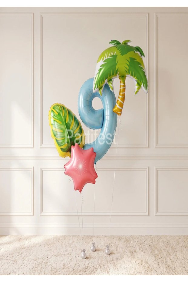 Tropical Palm Leaf Age Balloon Set Birthday Party Decoration with Number Balloons for 9 Years Old