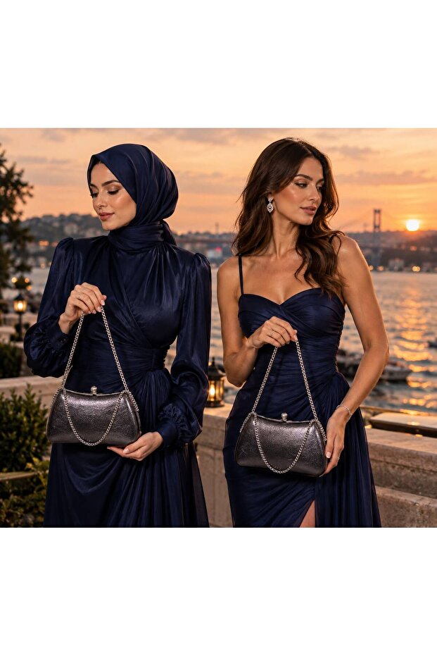 Platinum Color Rustic Material Design Evening Dress Clutch with Chain Strap Hand-Held Wedding Engagement Evening Bag