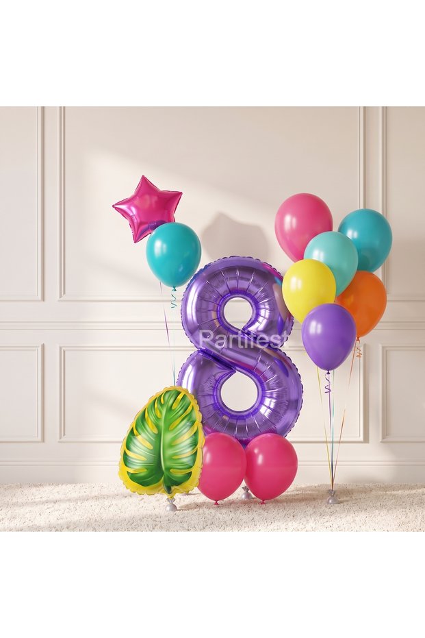Purple Number Balloons Tropical Leaf Birthday Balloon Set for 8 Years Old Colorful Party Decoration 12 Pieces