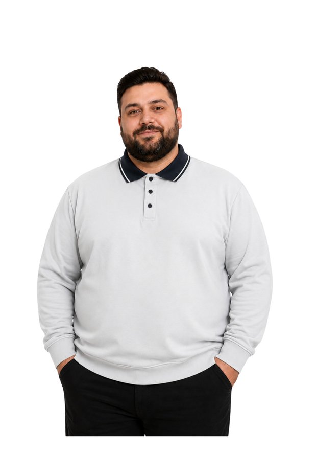 Men's Large Size Stone Two-Thread Buttoned Polo Collar Sweatshirt 3Xl-4Xl-5Xl-6Xl