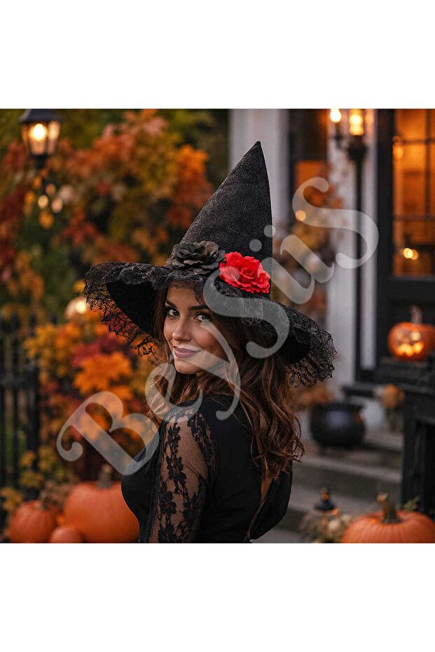 Halloween Red Black Rose Witch Hat